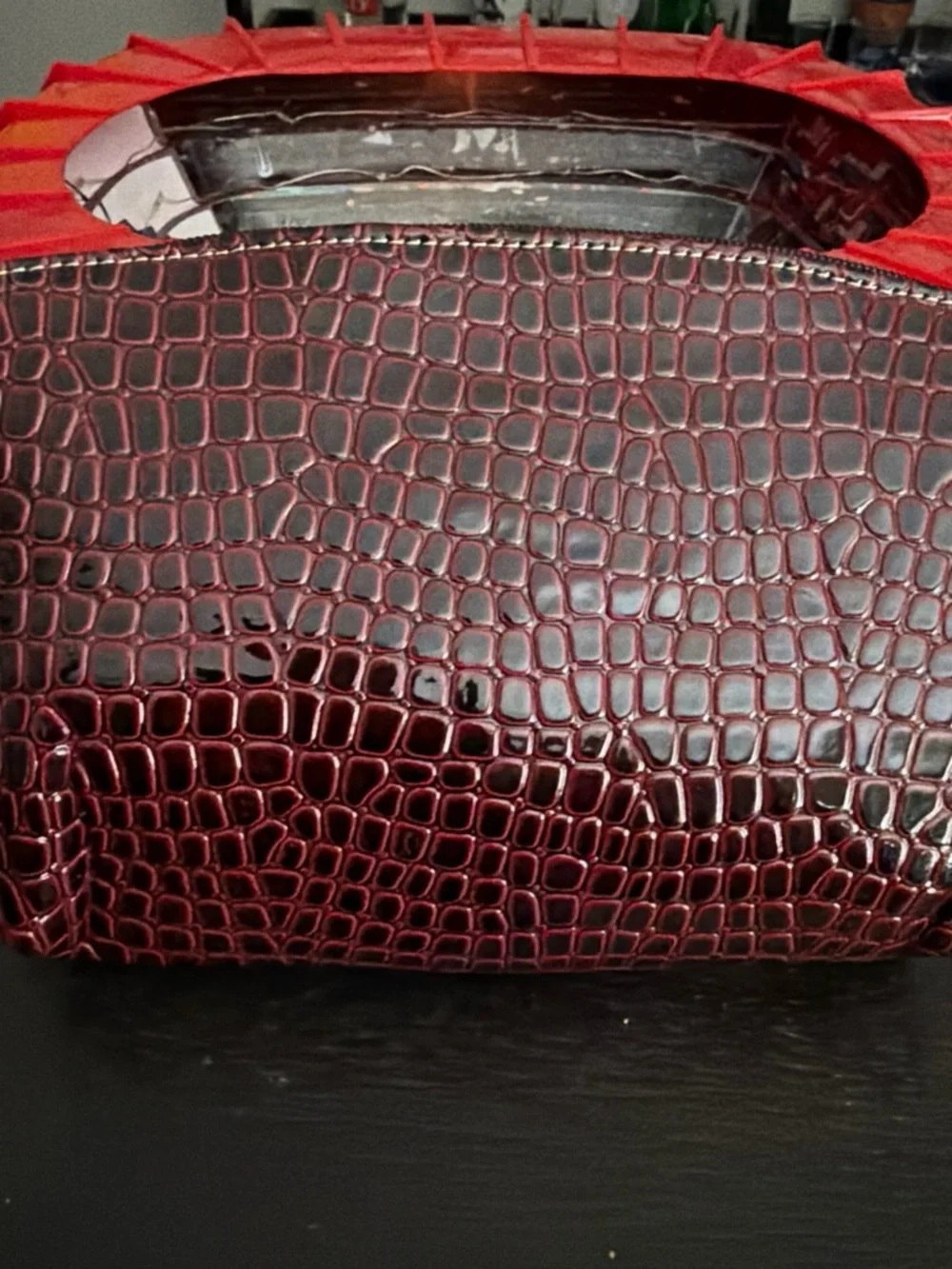 Women's Embossed Faux-Croc Cosmetic Bag in Deep Burgundy